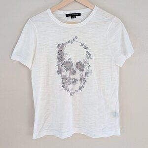 Pastel Goth Grunge Floral Embroidered Skull Graphic Tee Semi-Sheer Women's L